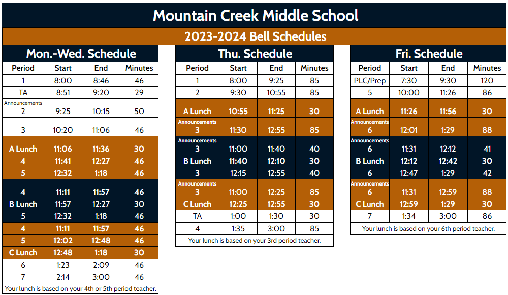 Bell Schedules Mountain Creek Middle